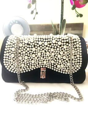 ZARA Black Velvet Pearl-Embellished Black Evening Shoulder Bag